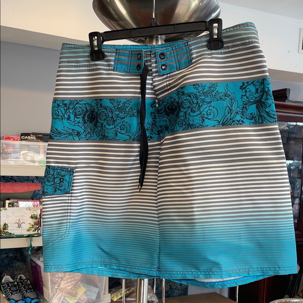 OP Men's Floral Striped Swim Shorts - Teal and Gray summer coastal beach